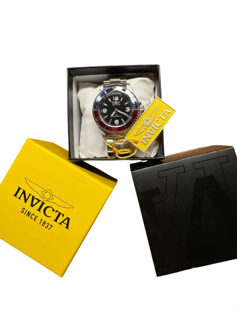 NWT Invicta Stainless Steel Watch with Black Dial and Red & Blue Bezel
